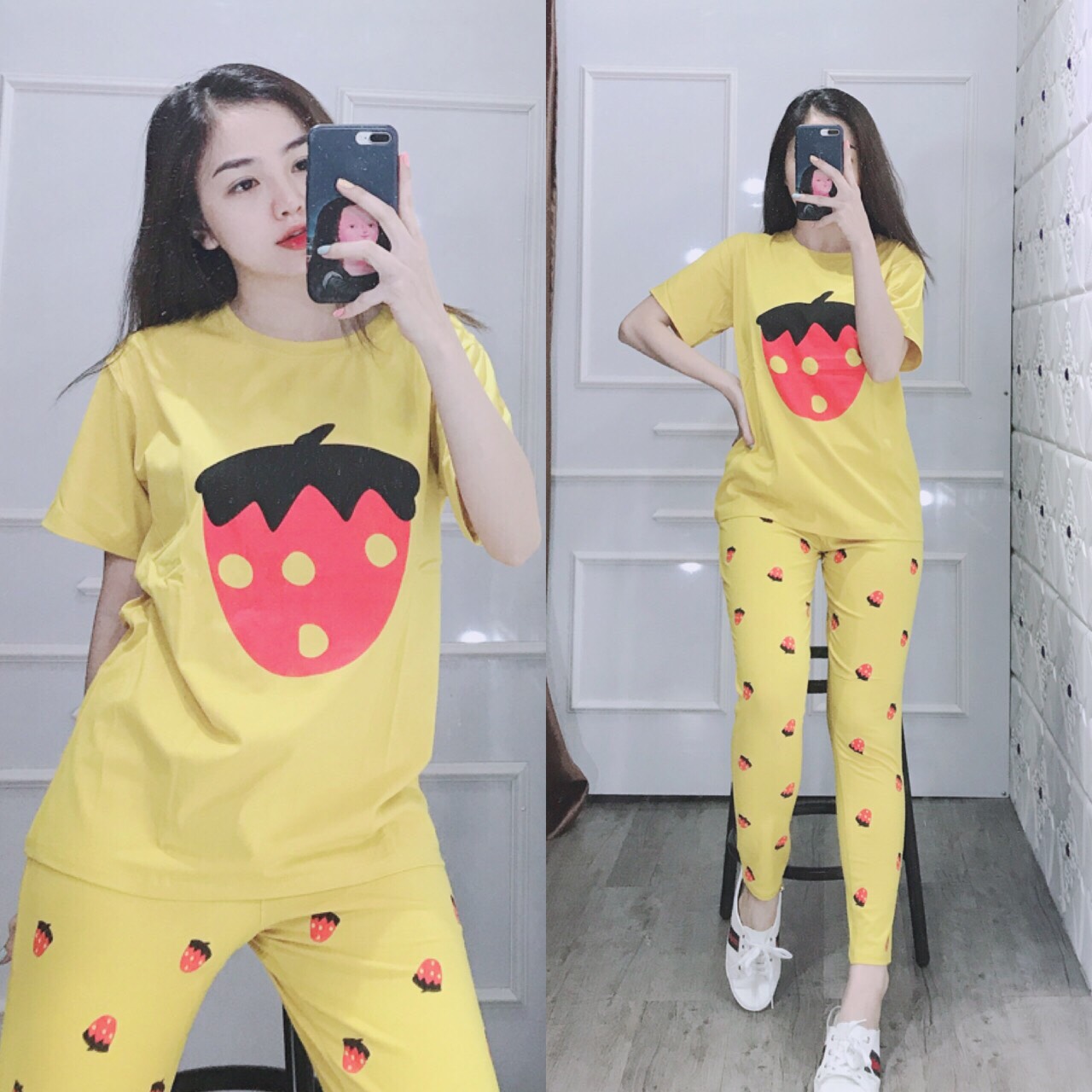 BỘ MẶC NHÀ HỌA TIẾT DÂU CUTE