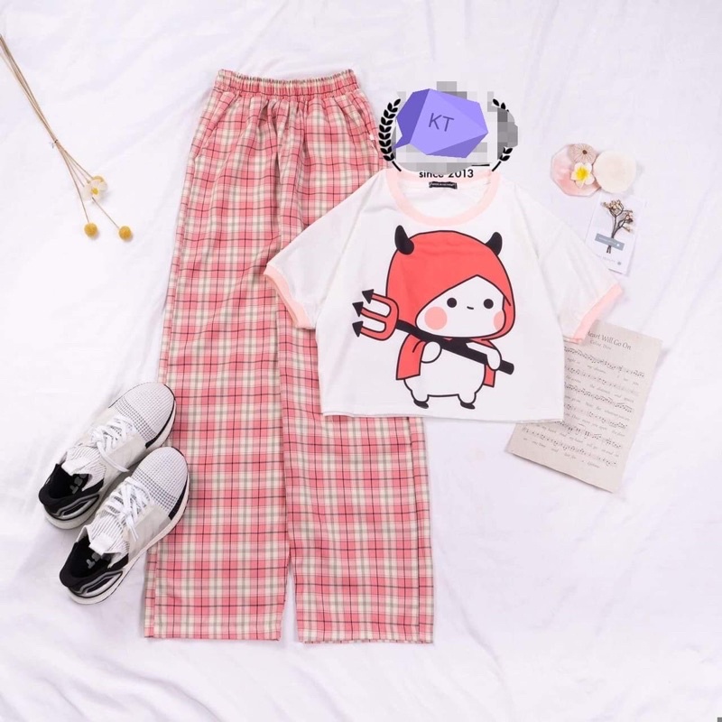 [FREESHIP] Set áo croptop viền Hồng in thỏ béo sừng quỷ + quần kẻ ống rộng hoặc quần jogger Hồng 2 sọc trắng