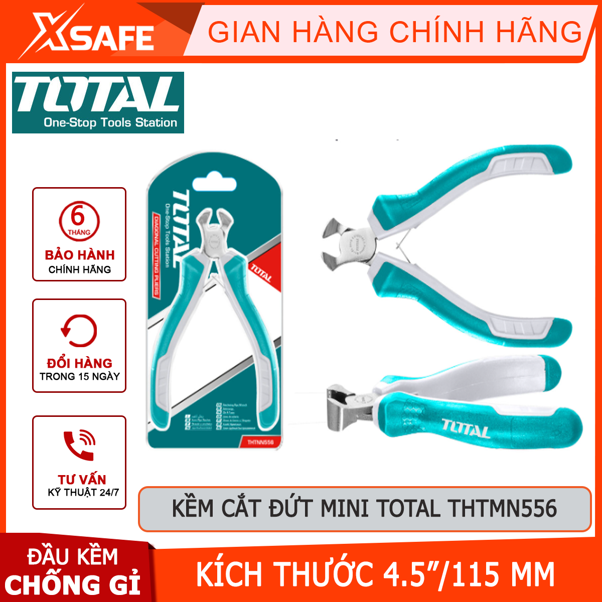 Kềm cắt đứt mini total thtmn556 | kìm cắt đứt kích thước 4,5"/ 115mm, thép cr-v, tay cầm cách điện,bọc cao su chống trơn, bấm,cắt dây điện