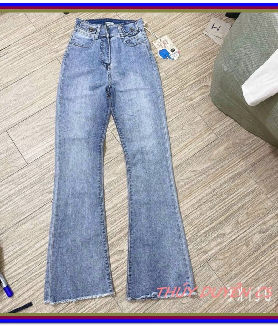 Quần jean nữ ống loe đai 2 cúc xanh tua lai, quần bò ống loe nữ siêu đẹp -46
