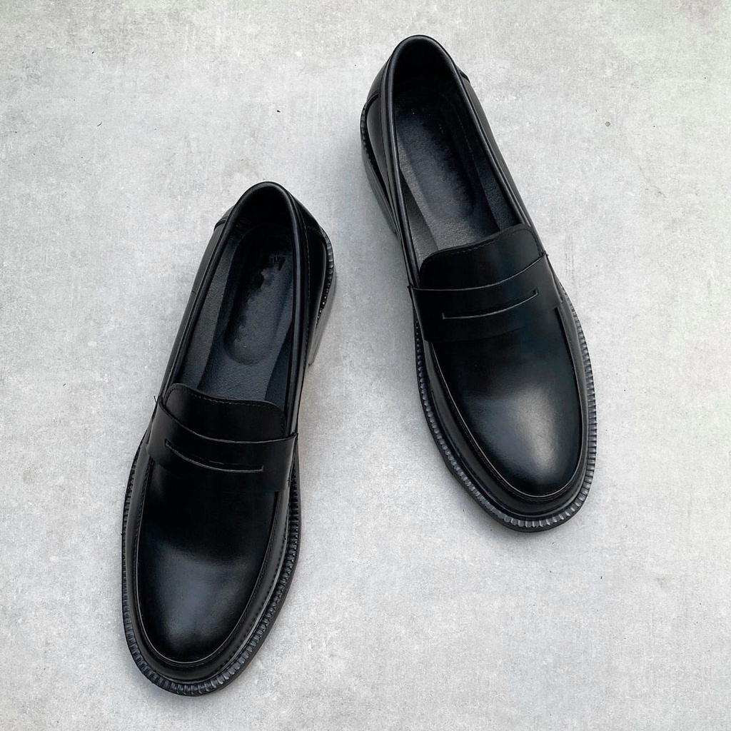 Giày Penny Loafer Black da bò thật nguyên tấm cao cấp LF-02