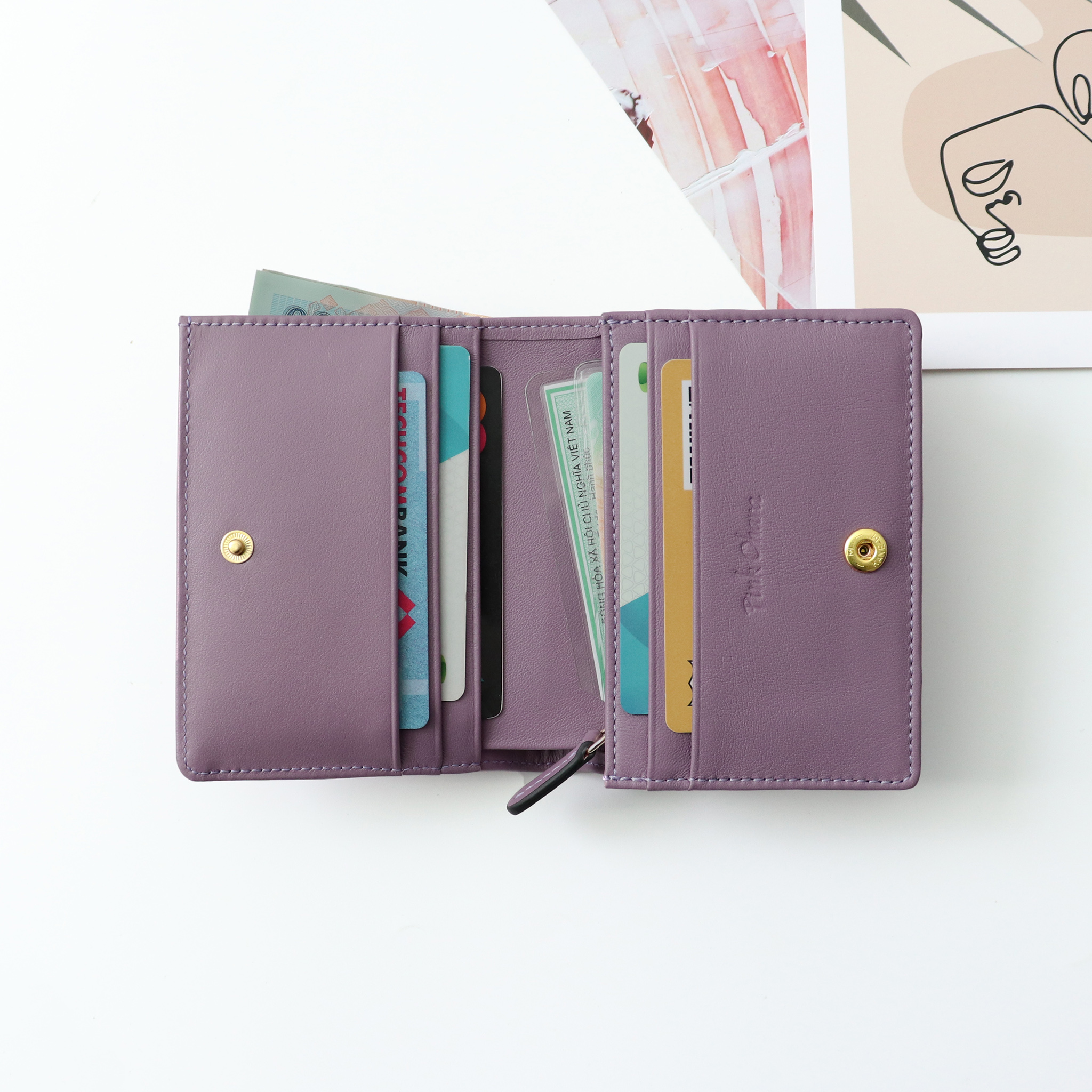 Ví nữ gấp mini da bò trơn mềm mại Pink Ohara