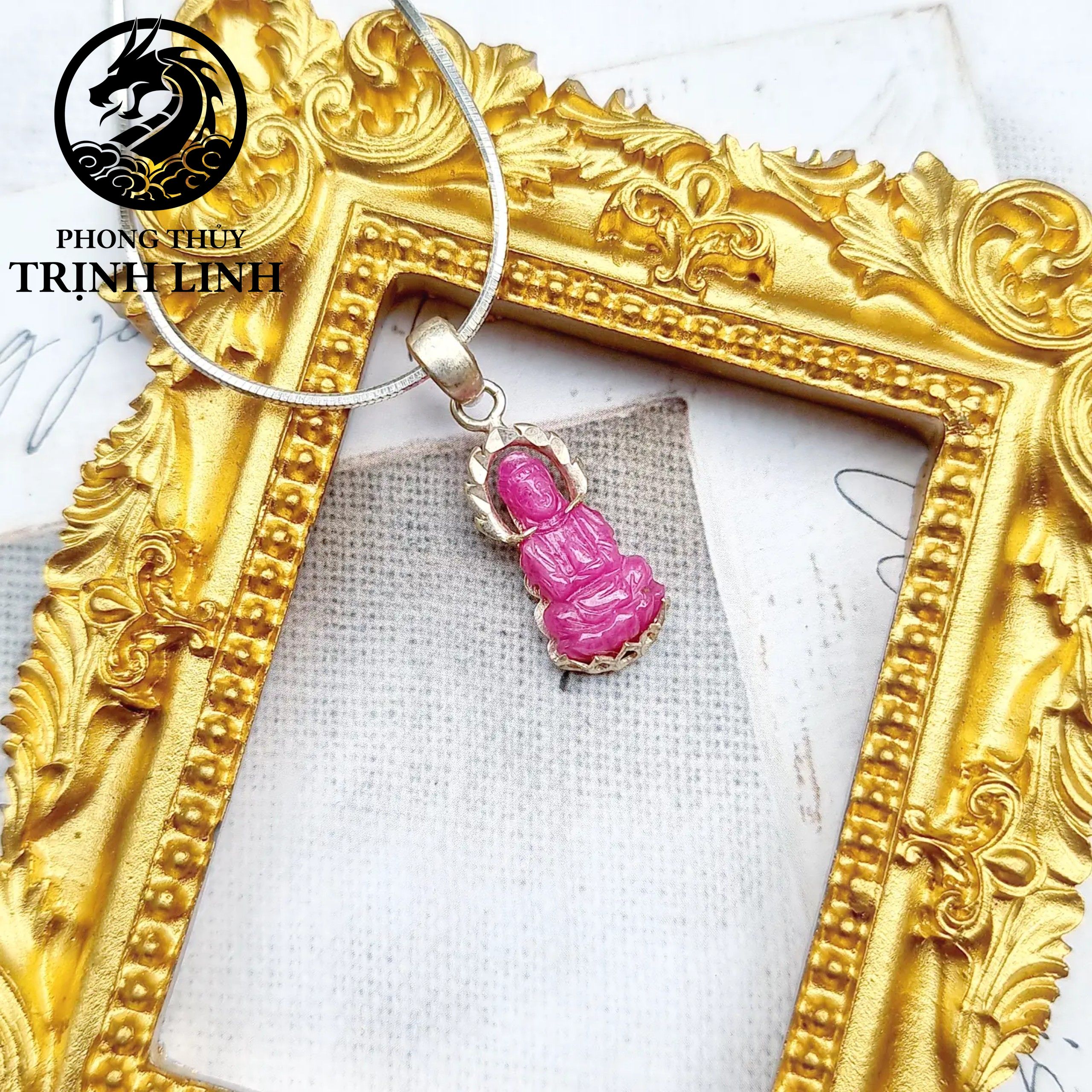 DÂY CHUYỀN BẠC PHẬT QUAN ÂM RUBY HỒNG 2CM