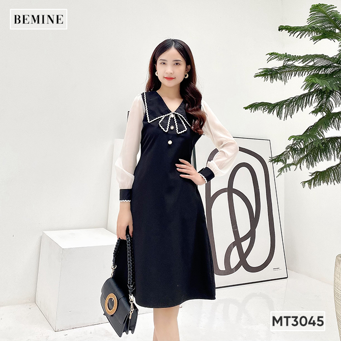 Đầm tay dài cổ phối nơ BEMINE MT3045DEN