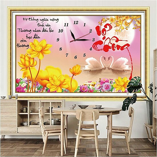 [HCM]Tranh thêu chữ thập vợ chồng thiên nga hoa sen vàng 222852 - kích thước 73 * 53