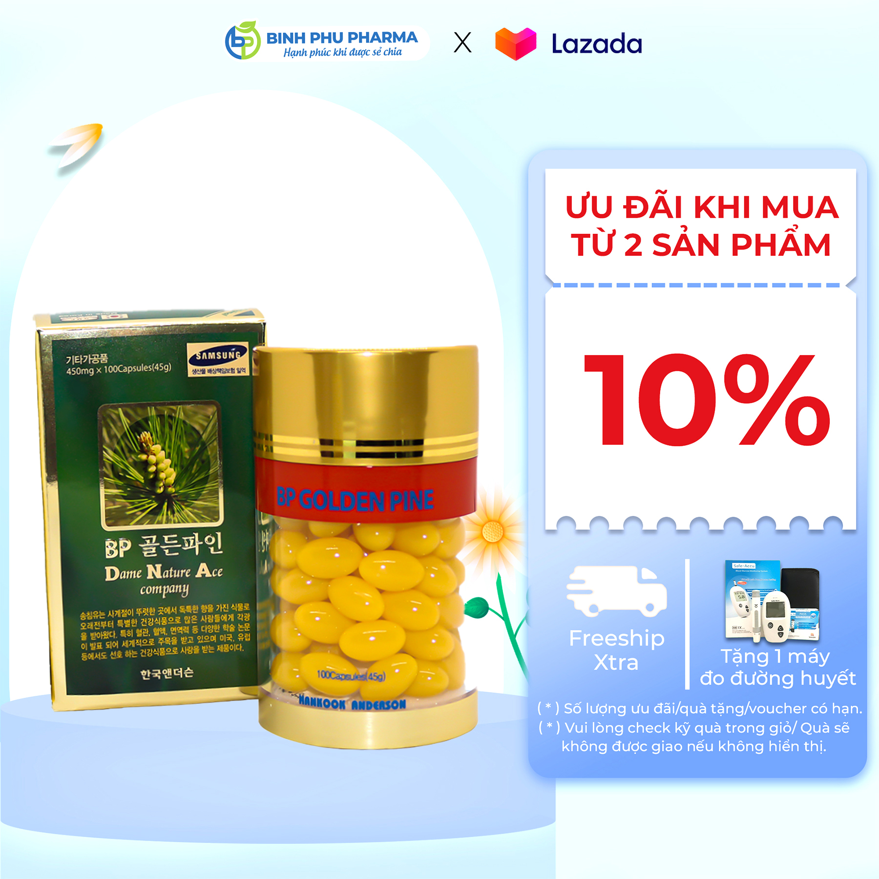 Tinh dầu thông đỏ hàn quốc bp golden pine, hỗ trợ giảm mỡ máu, ổn định huyết áp, tăng cường miễn dịch - hộp 100 viên x45g