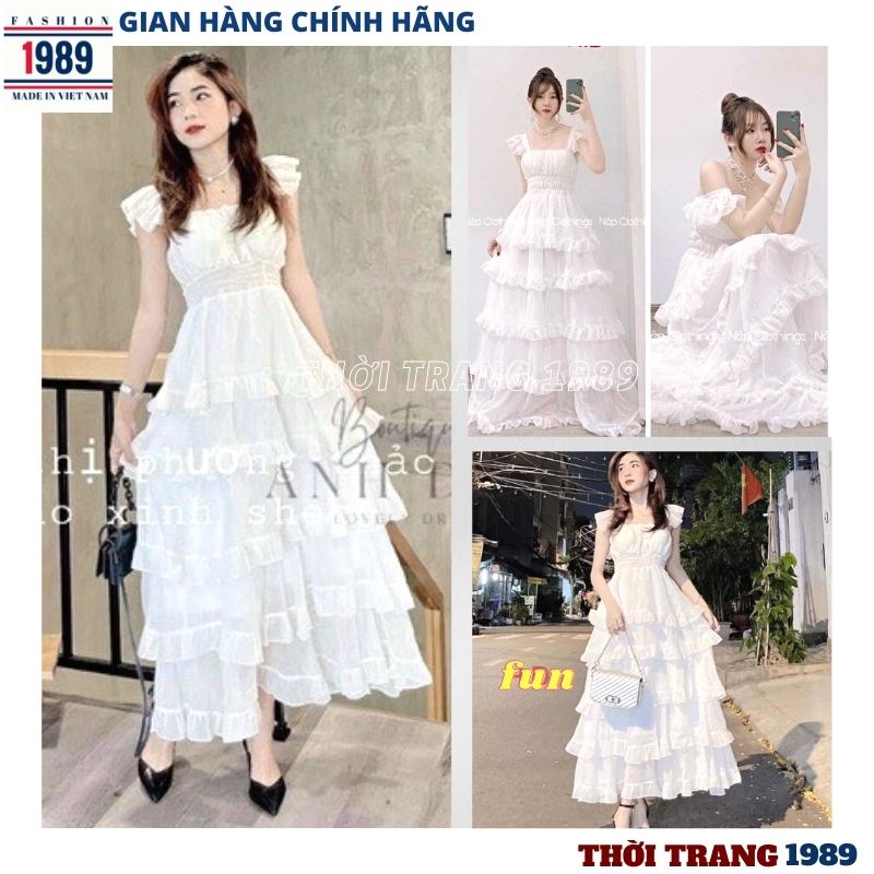 Đầm Trắng Công Chúa nhiều tầng ,hở vai 2 dây dáng xòe ,Váy Maxi thiết kế trễ vai sang trọng Vintage Tiểu Thư ,váy trắng công chúa nhiều tầng , váy trắng ,váy tiểu thư sang chảnh , dễ thương ,THỜI TRANG 1989