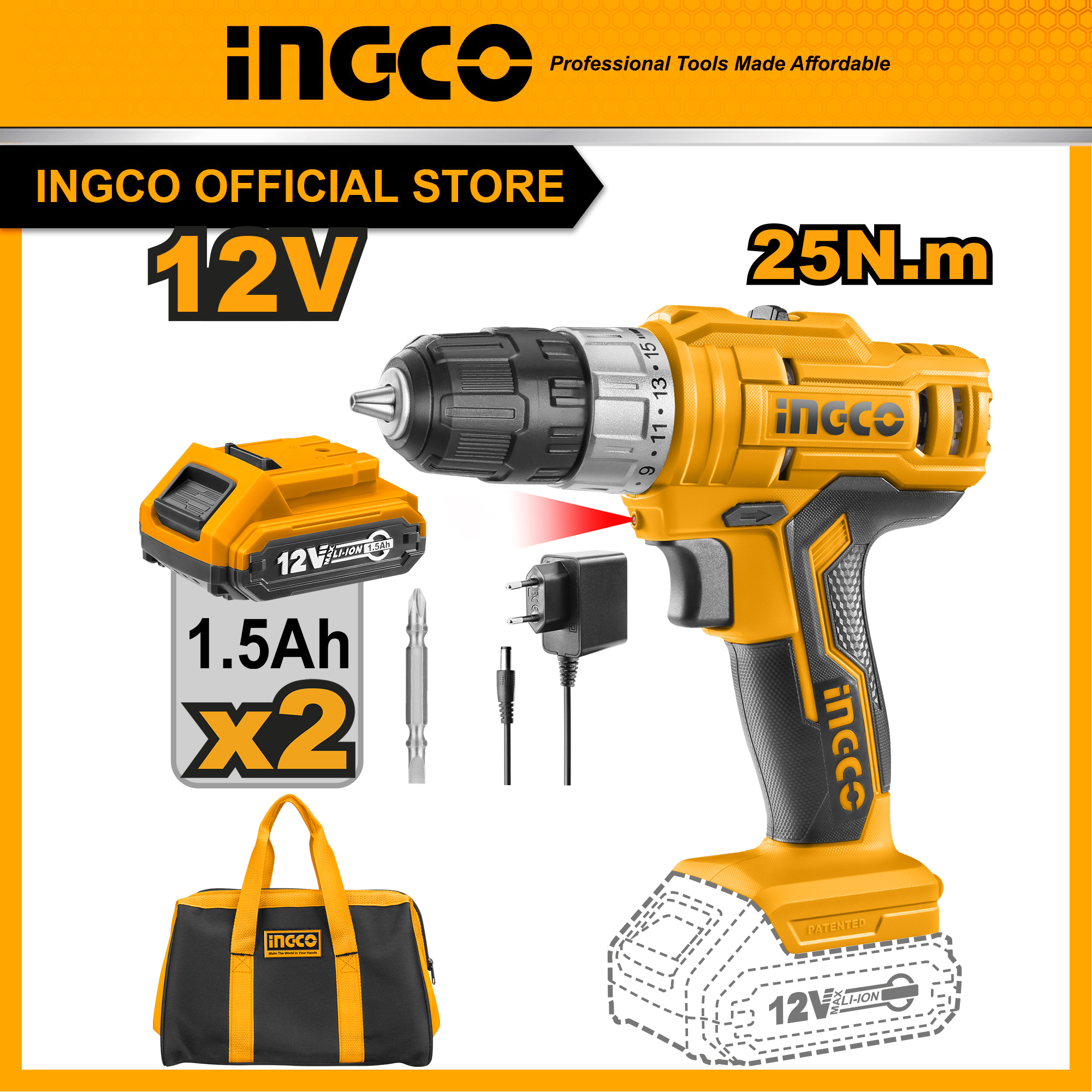 Ingco cdli1222 máy khoan pin 12v kèm 2 pin 1 sạc và túi xách