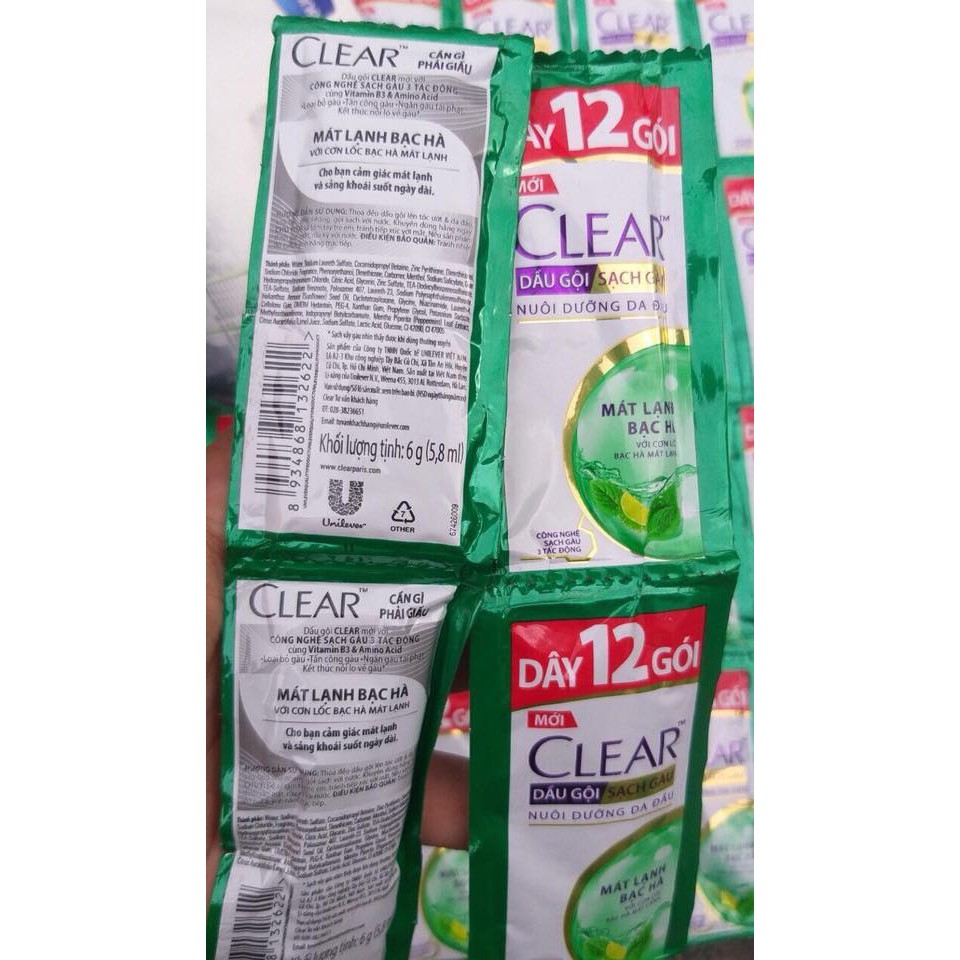 Dây 12 Gói Dầu Gội Clear Mát Lạnh Bạc Hà