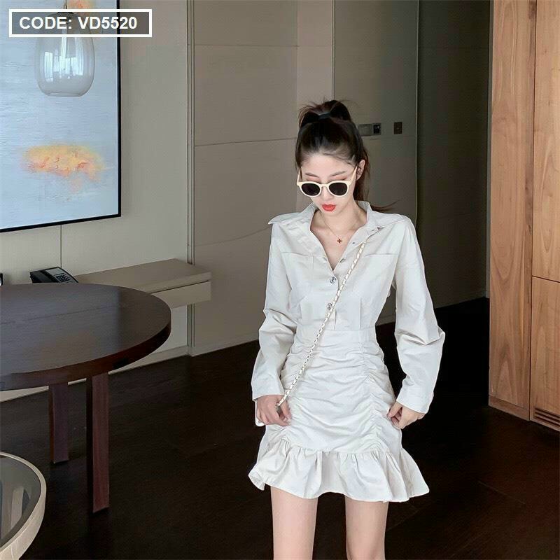 Đầm trắng tay dài phối nút thời trang