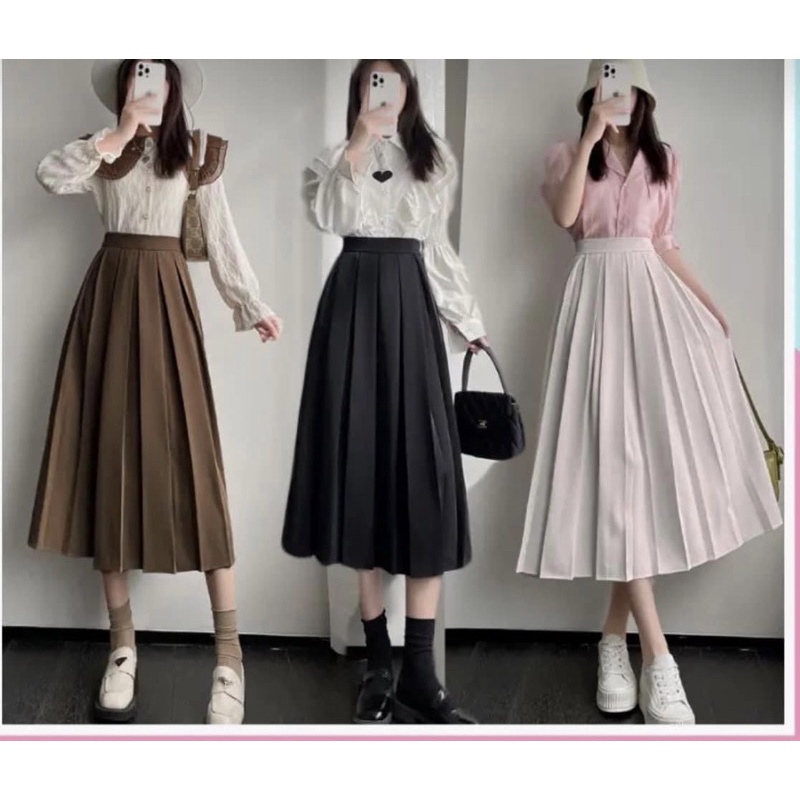 Chân Váy Midi dài xòe xếp ly to dáng basic Hàn Quốc siêu đẹp, Váy xếp li dáng dài công sở sang trọng