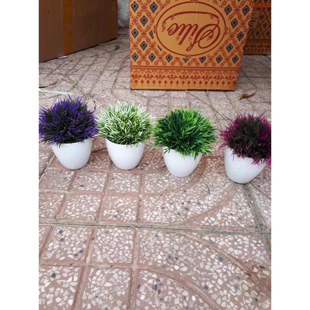 Châu cây lá cỏ trang trí cỏ giả nhiều màu