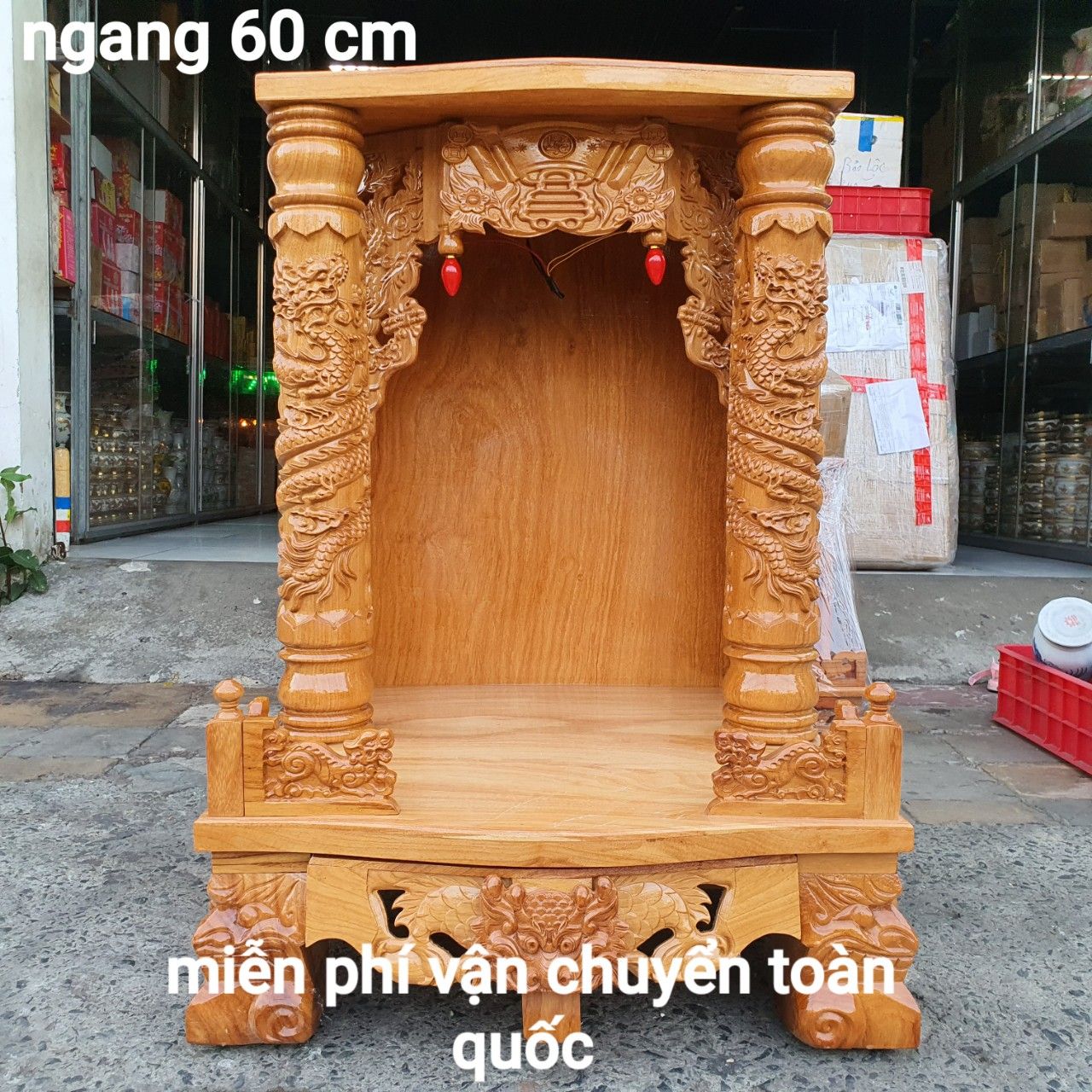 [Trả góp 0%] Bàn thờ thần tài ông địa gỗ gõ đỏ ngang 60 cm cột 10 cm VIP