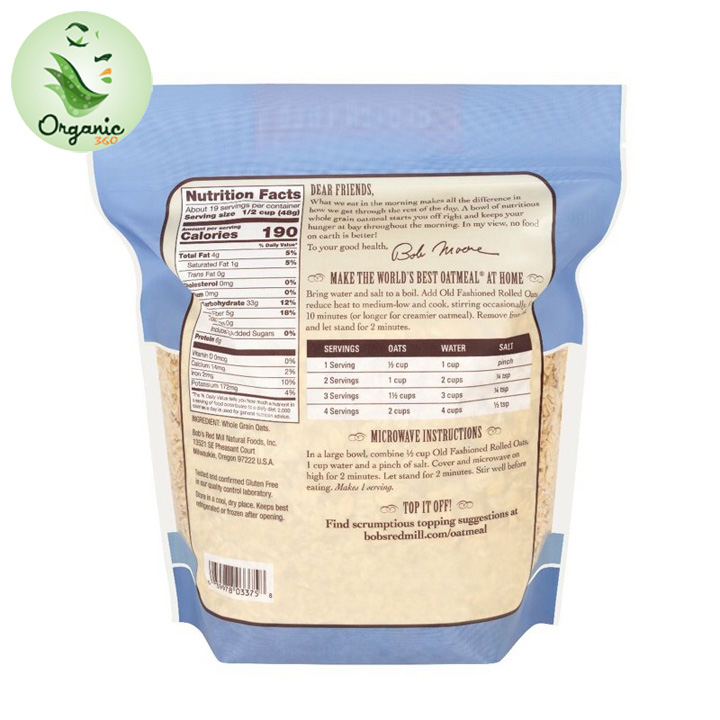 Yến mạch hữu cơ cán vừa không chứa Gluten Bob's Red Mill 907gr - Gluten Free Organic Old Fashioned Rolled Oats