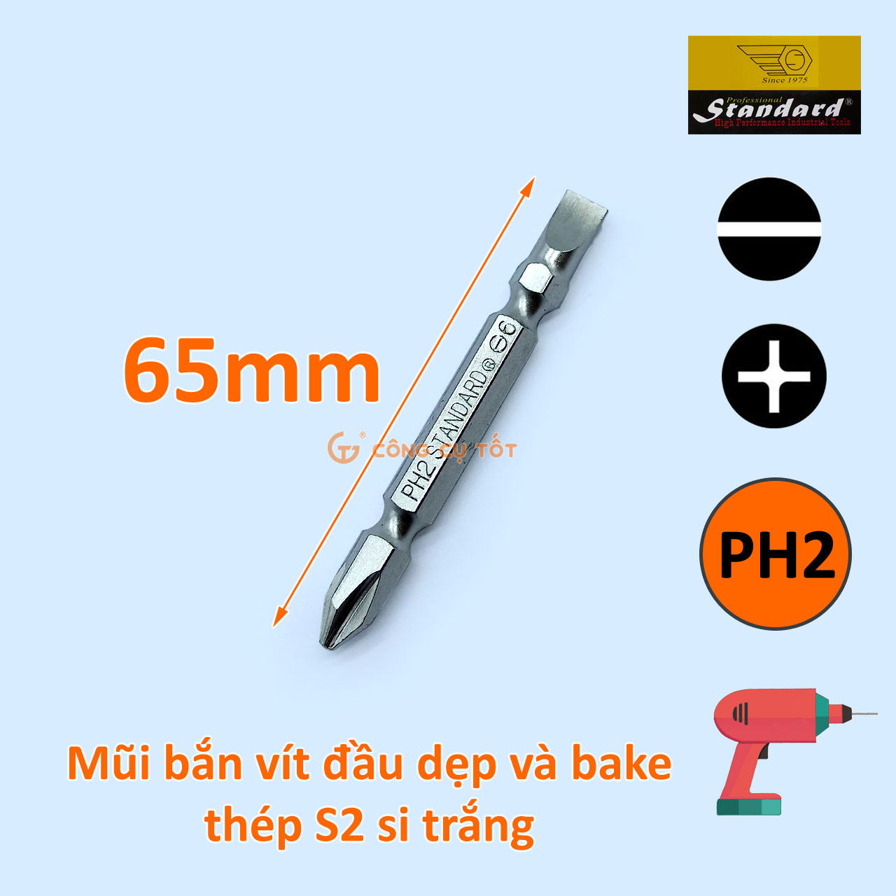 Mũi bắt vít 2 đầu dẹp và bake thép xi trắng Standard 65mm