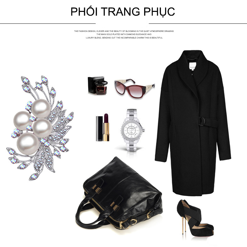 Trâm Cài Áo Nữ Đính Đá Hình 4 Viên Trân Châu - Bạc