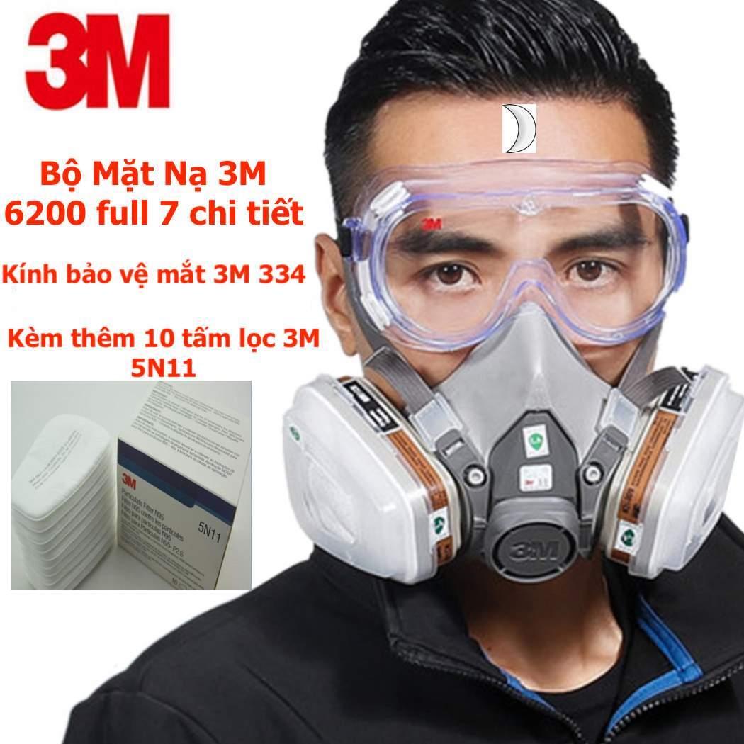Mặt nạ 3M 6200 và kính bảo vệ mắt 3M 334, kèm thêm 10 tấm lọc 3M 5N11 tác dụng phòng độc, chống cháy, chống khói hỏa hoạn, chống bụi siêu mịn PM2.5, hoặc dùng phun sơn, phun thuốc trừ sâu đa năng chuyên dụng