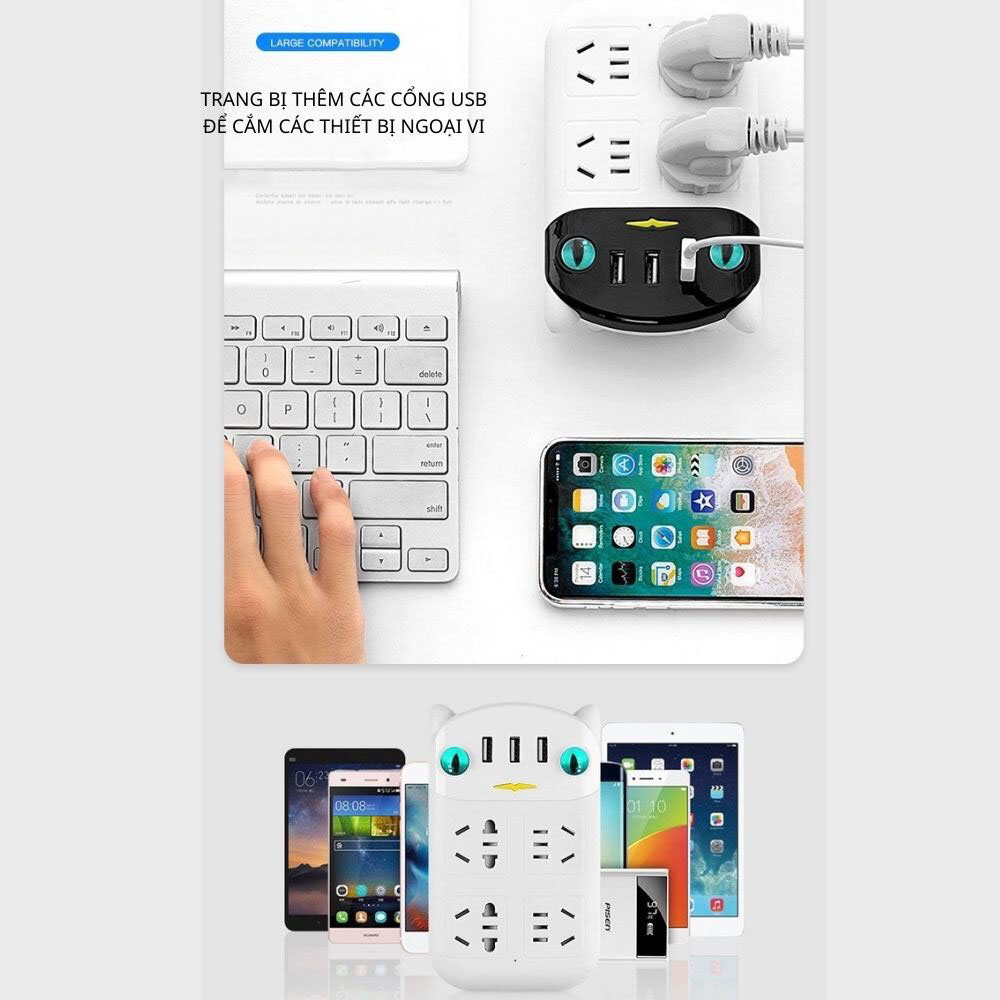 Ổ cắm điện hình con mèo, ổ điện thông minh đa năng chống giật, tích hợp cổng cắm USB chiều dài 2m8