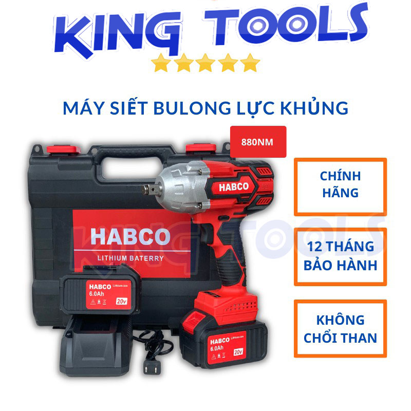 Máy siết bulong pin lực khùng 880nm habco, 2 pin 10cell 6ah