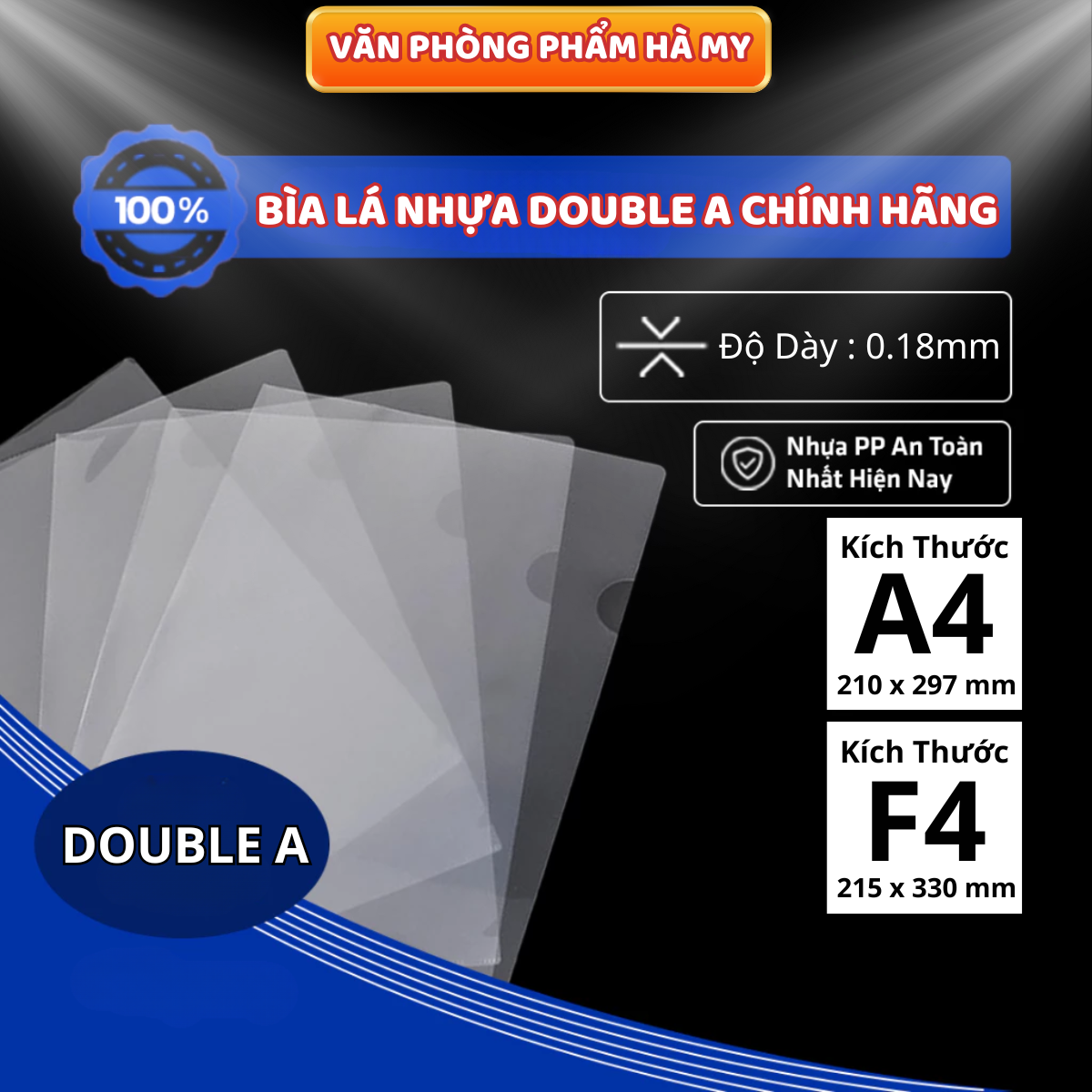 Xấp 12 Cái Bìa Lá Nhựa Double A Khổ A4 Dày 0.18mm Chính Hãng