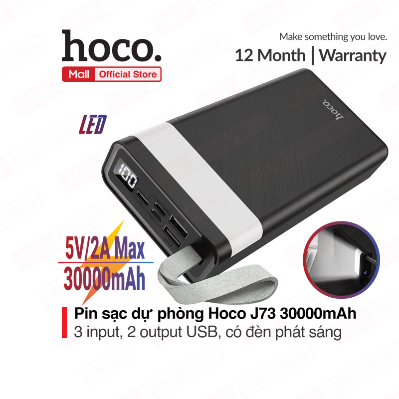 Pin sạc dự phòng Hoco J73 dung lượng 30000mAh, sạc nhanh 5V/2A Max, 2 cổng ouput, 3 cổng input, tích hợp đèn pin siêu sáng
