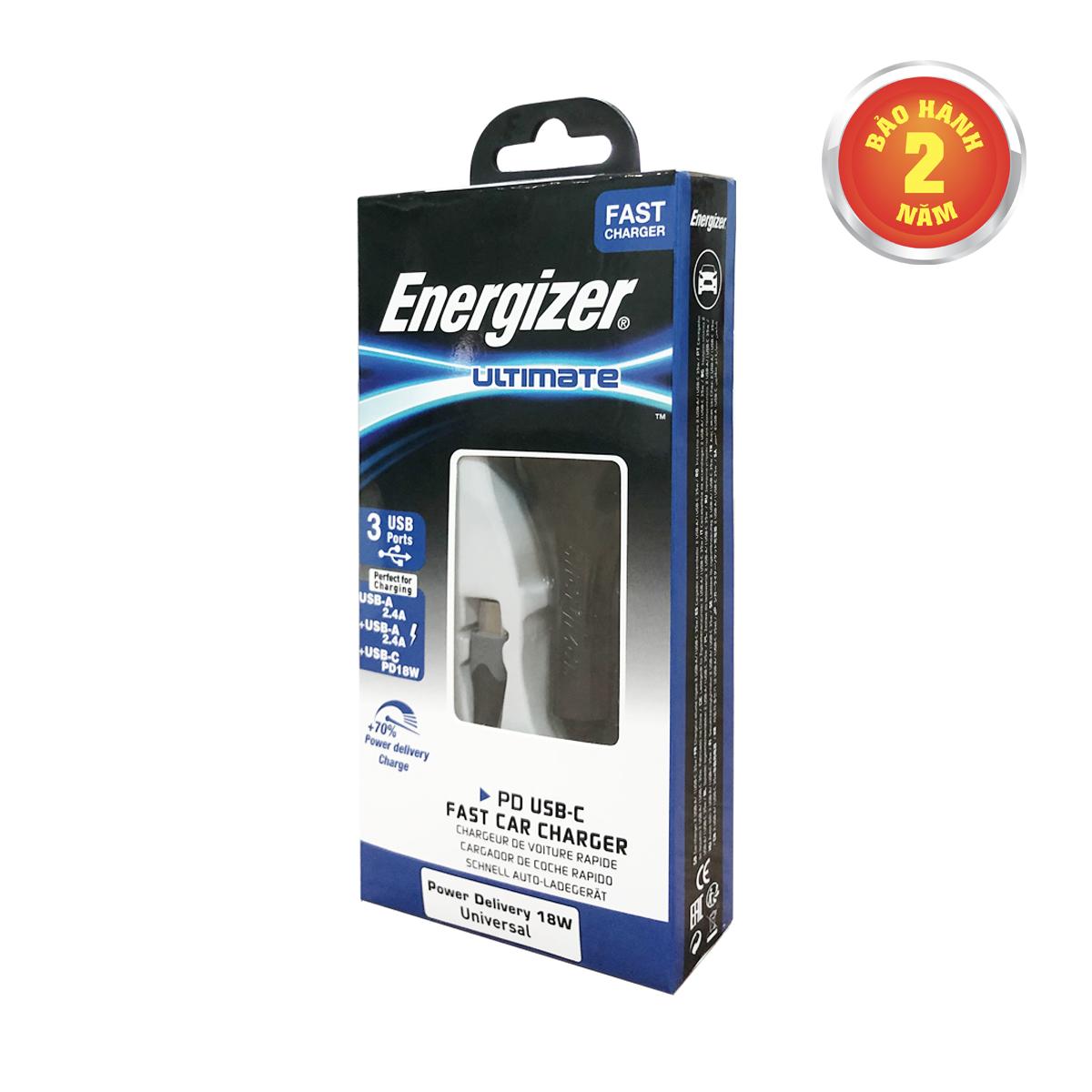 Sạc ô-tô Energizer 35W 2USB/1USB-C kèm cáp USB-C2.0 - DC21PGUCC3