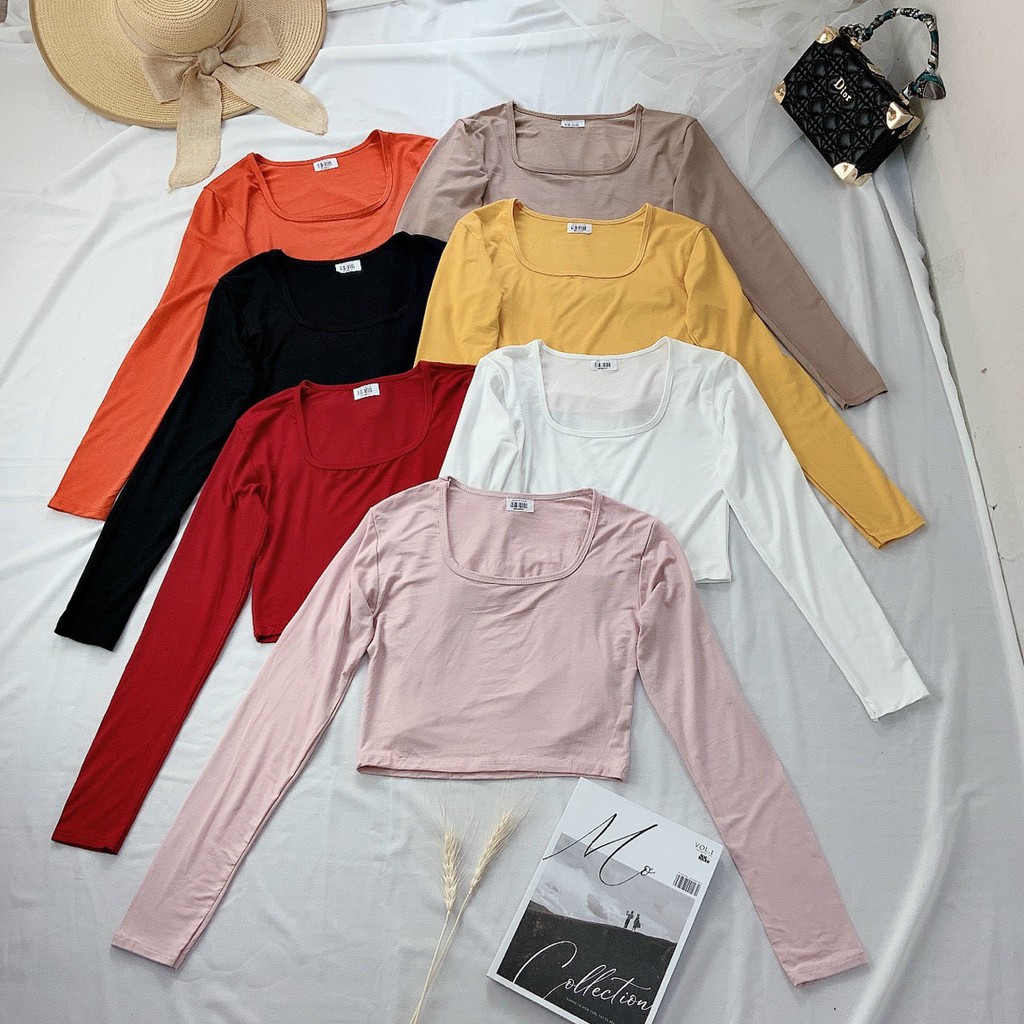 Áo thun lụa dài tay cổ vuông rộng siêu hot sang chảnh dáng croptop xinh khoe dáng