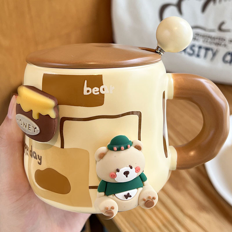 Cốc có nắp thìa cặp đôi cốc cà phê cốc gấu dễ thương cốc sứ