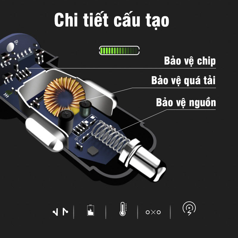 Tẩu sạc ô tô siêu nhanh 2 cổng USB có đèn LED báo điện áp ắc quy