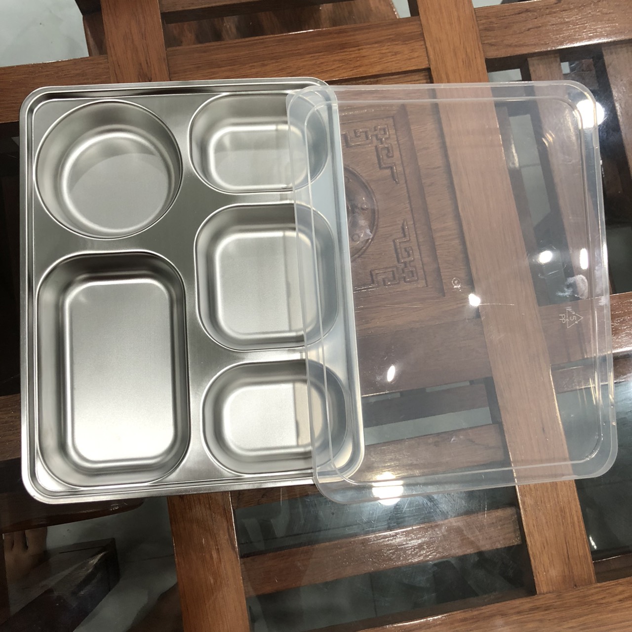 Khay cơm phần 5 ngăn inox 304 loại dày đựng thức ăn ( phân loại có nắp và không nắp)