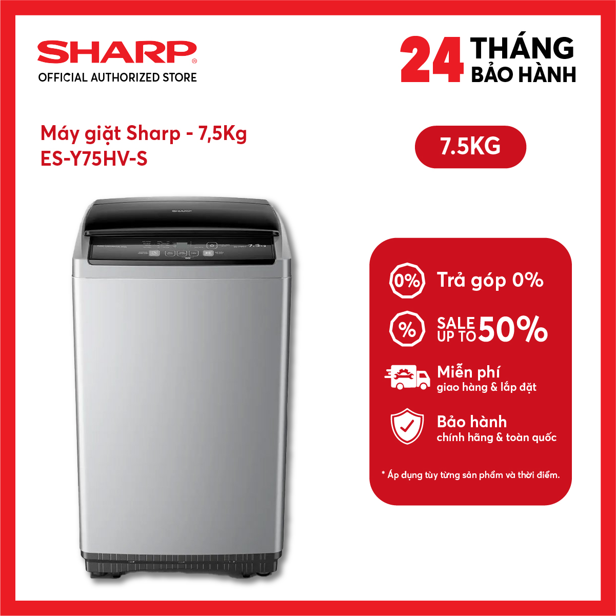 [FreeSHIP COD + Lắp Hà Nội] Máy Giặt Sharp 7.5 Kg ES-Y75HV-S