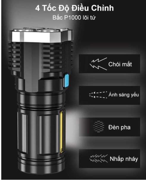 Đèn Pin Siêu Sáng 4 Led 4 Chế Độ Chiếu Sáng cổng sạc pin USB