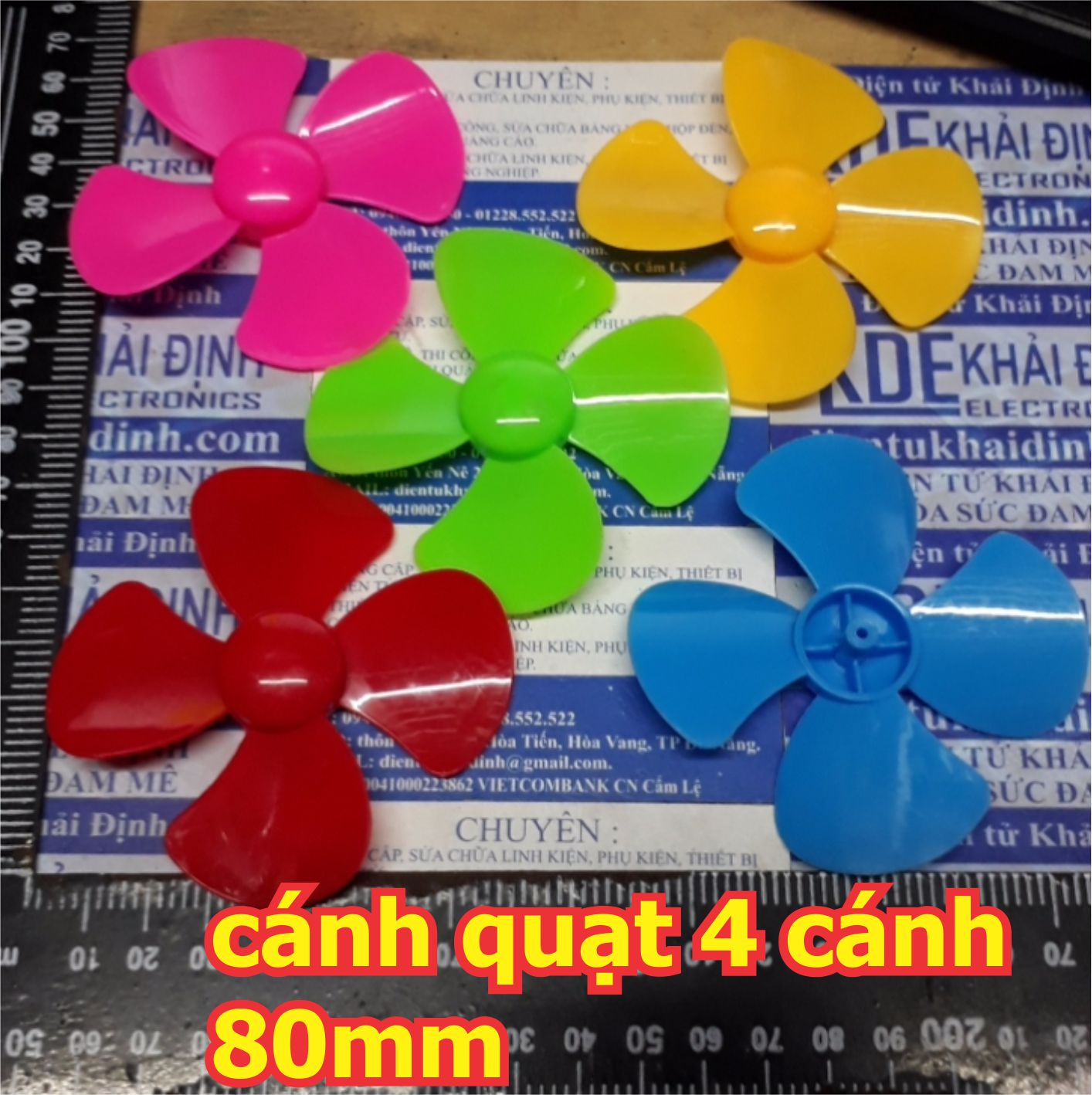 10 cánh quạt nhựa 4 cánh nhiều màu trục 2mm các cỡ 40mm 56mm 80mm 100mm kde2933