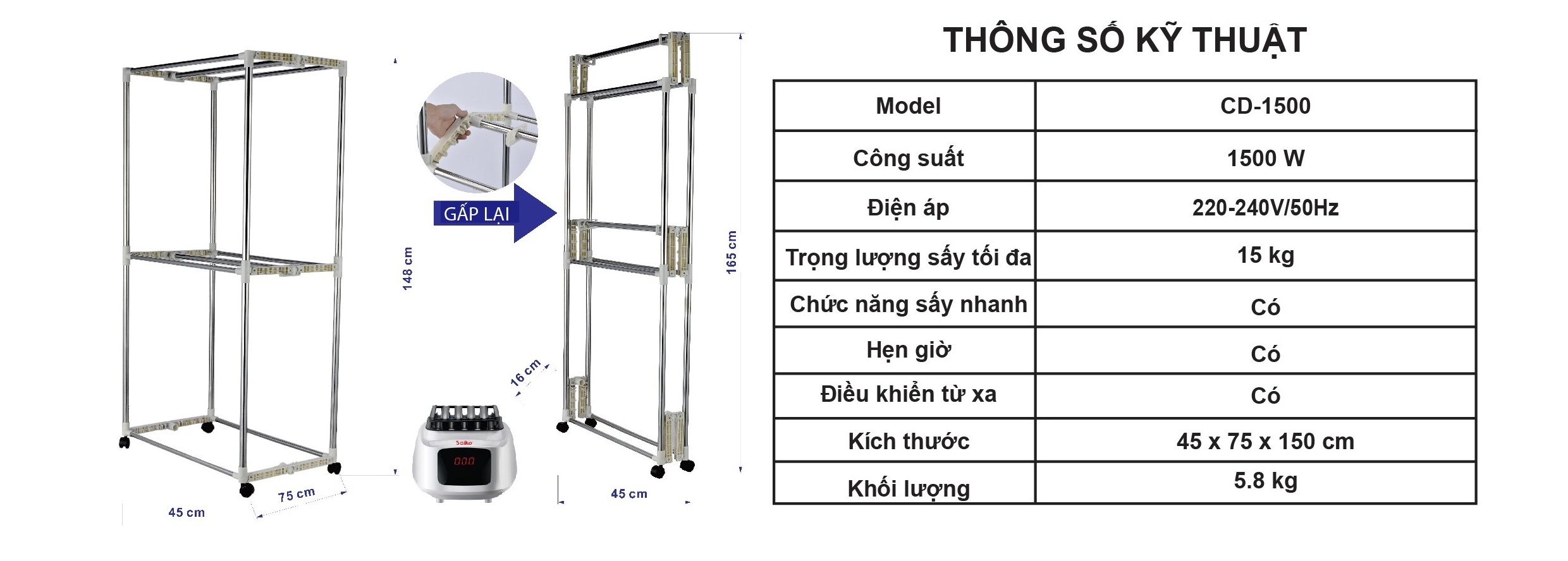 TỦ SẤY QUẦN ÁO SAIKO CD-1500