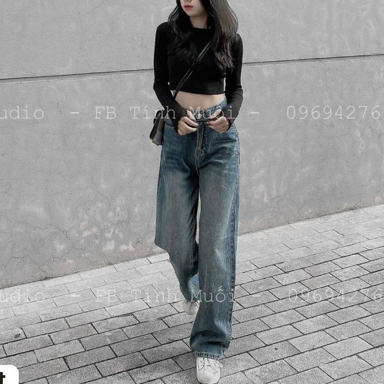 Quần jeans nữ ống rộng phối LOGO lưng cao tôn dáng quần suông nữ lưng cao quần nữ rách lưng cao quần kiểu nữ đẹp NGỌC THẢO JEANS (không có xích)