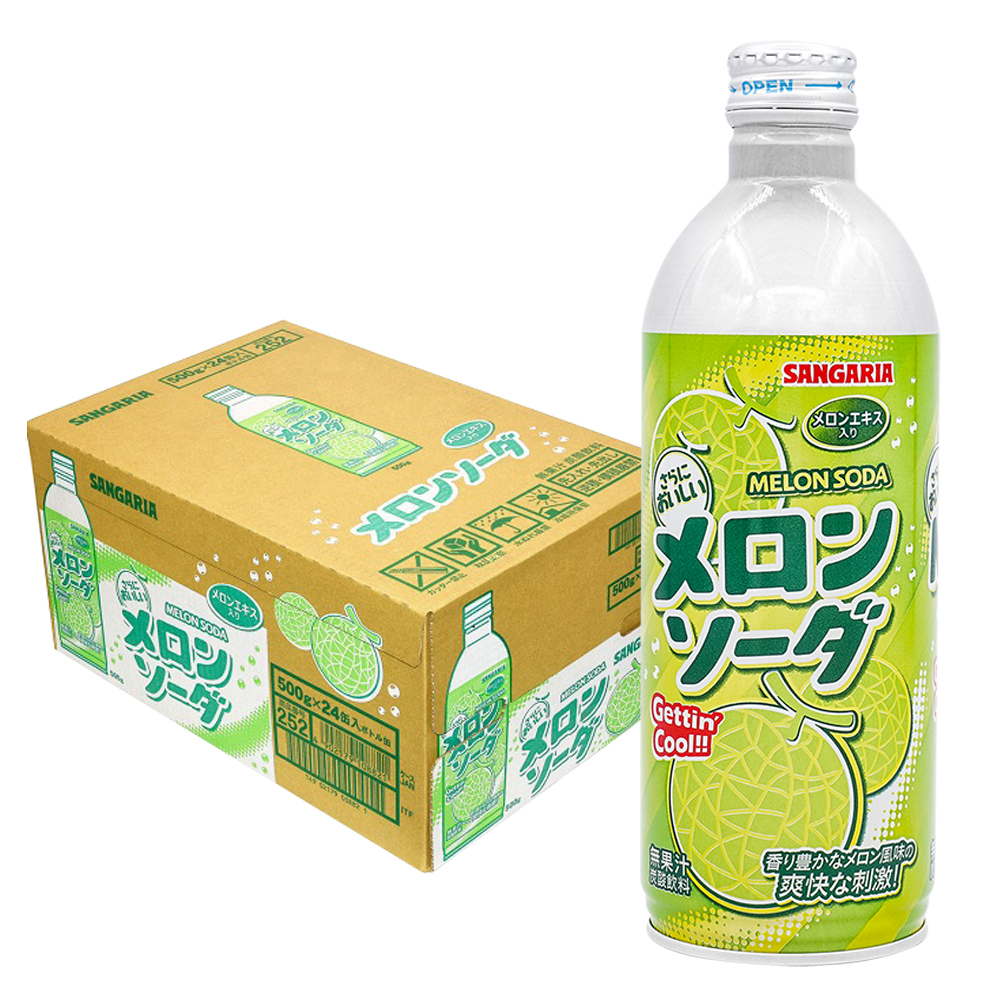 Thùng 24 chai Soda có ga Sangaria 500mL vị chanh, nho và dưa lưới 500g