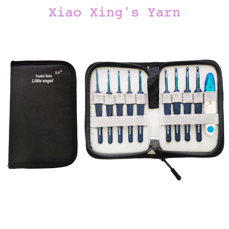 Bộ 9 kim móc len màu xanh navy cao cấp tặng kèm kéo cắt chỉ, túi vải mô phỏng kim tulip size cơ bản | Xiaoxingyarn