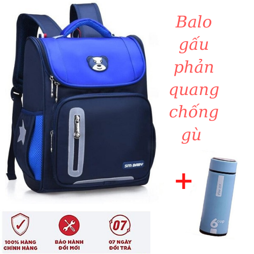 BALO GẤU PHẢN QUANG CHO BÉ-BALO CHỐNG GÙ LƯNG CHO BÉ NẮP GẤU + Tặng kèm bình đựng nước 6 Up