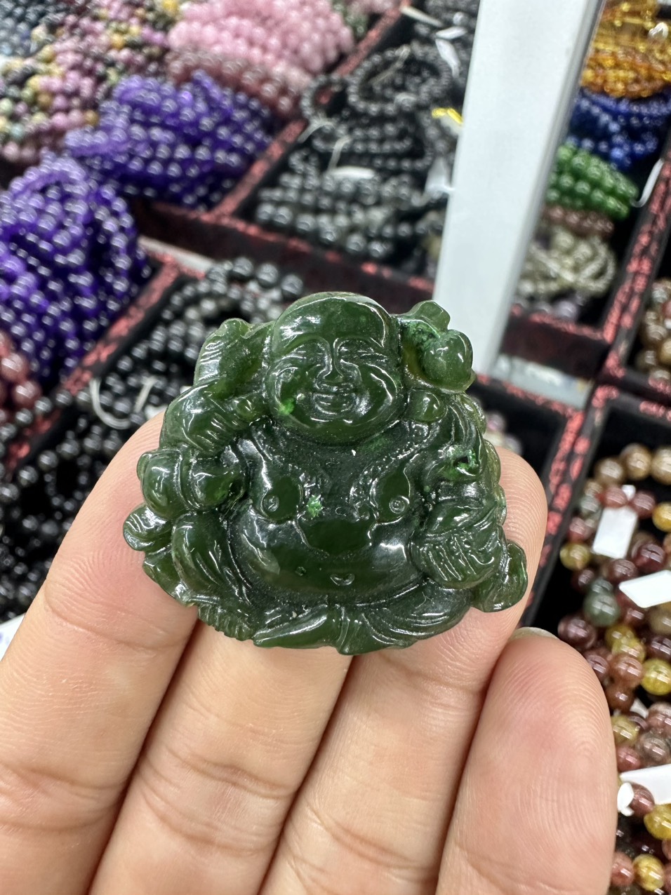 Smiling Laughing Buddha Green Jade Pendant