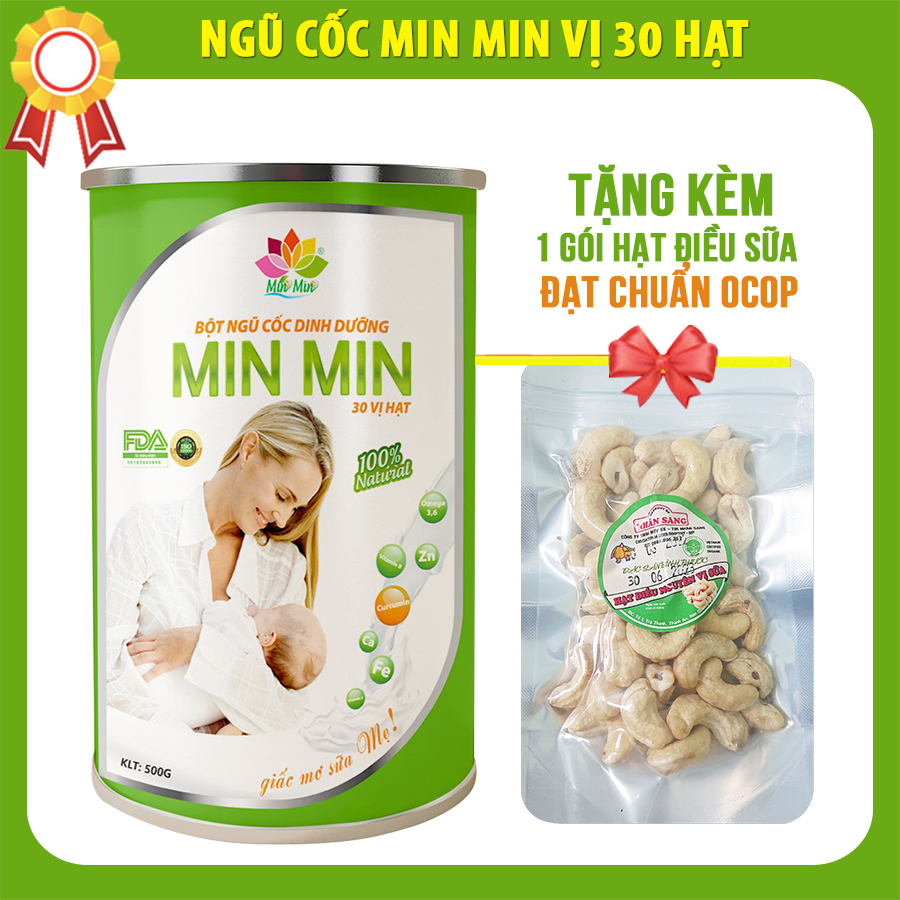 Ngũ cốc Min Min 30 hạt lợi sữa Date mới tặng kèm 1 gói hạt Điều sữa nguyên