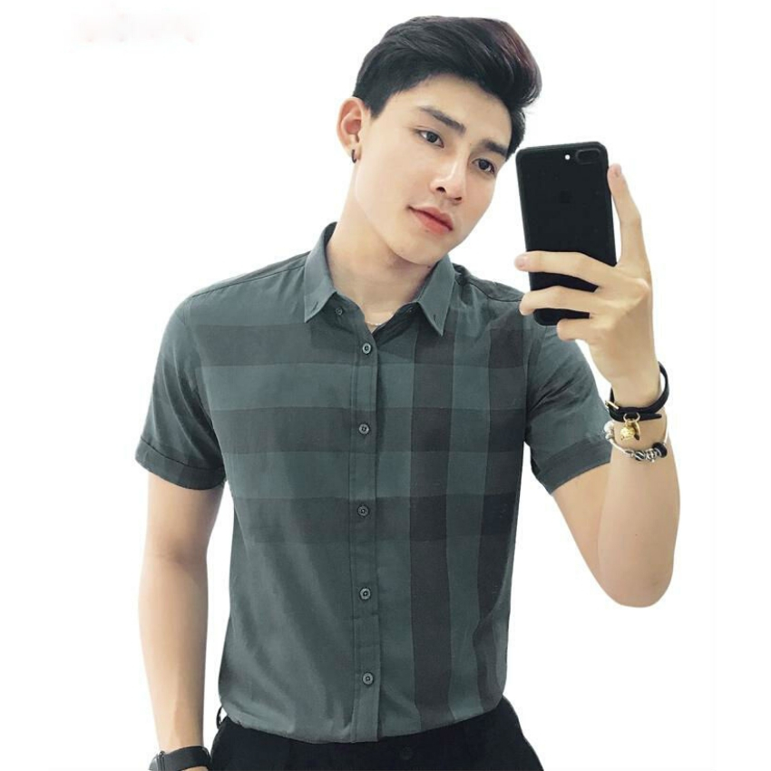 Áo sơ mi nam ngắn tay caro màu xanh rêu thời trang PONIVALAZA cao cấp