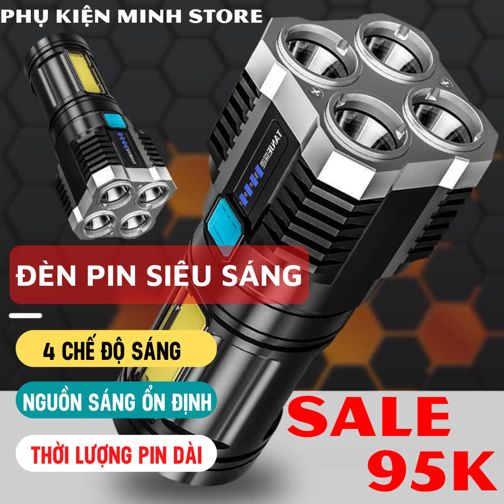 Đèn pin 4 bóng cầm tay thế hệ mới Siêu Sáng, Siêu Trâu Pin/ Đèn pin mini LED + COB 4 Chế Độ Sáng mang theo vô cùng tiện dụng