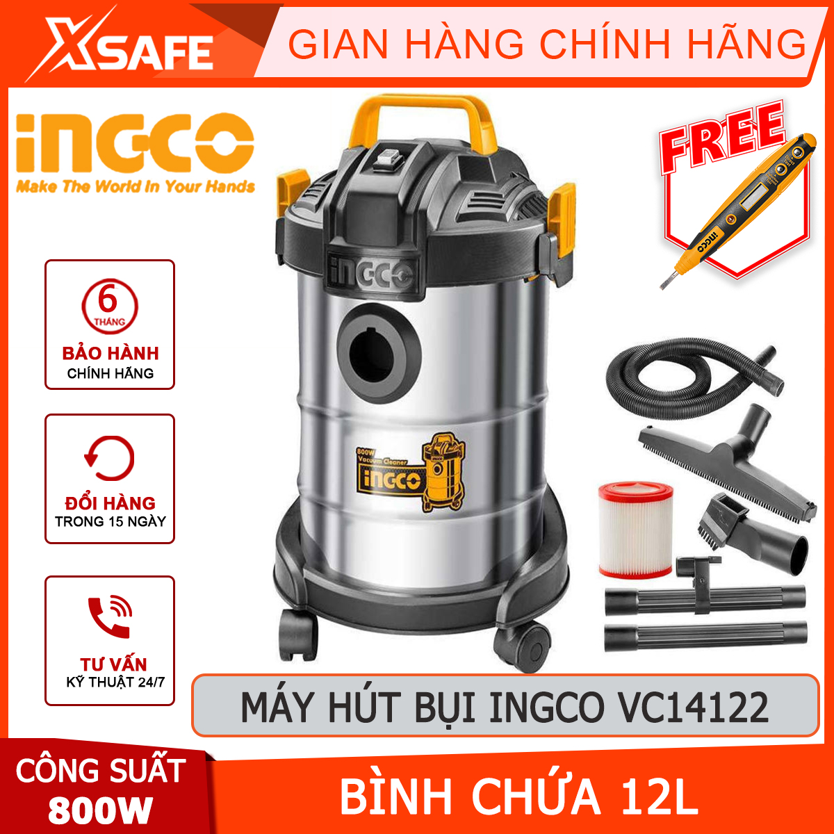 Vacuum cleaner ingco VC14122 vacuum cleaner model copper silk 800W, enclosed ống bowel chicken 1.5m, 3 section Tube connector, Department of HEPA filter vacuum cleaner, sandy soil, and liquid