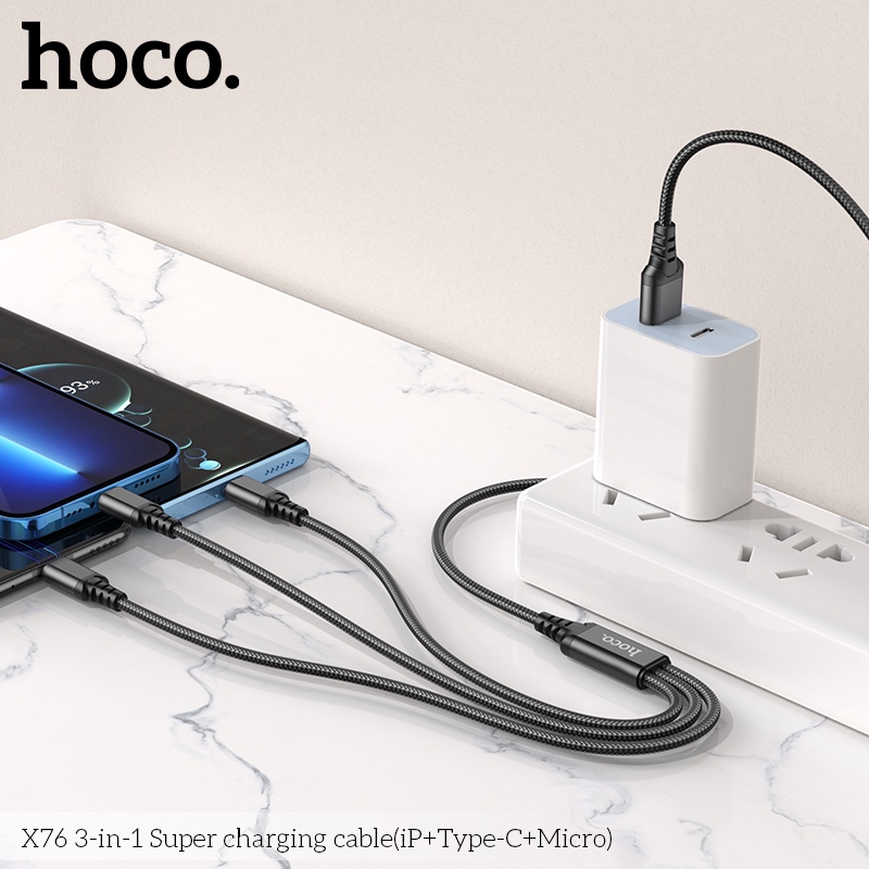 Dây cáp sạc 3 đầu Hoco X76 IP/Micro/TypeC dài 1m bọc dù dòng 2A