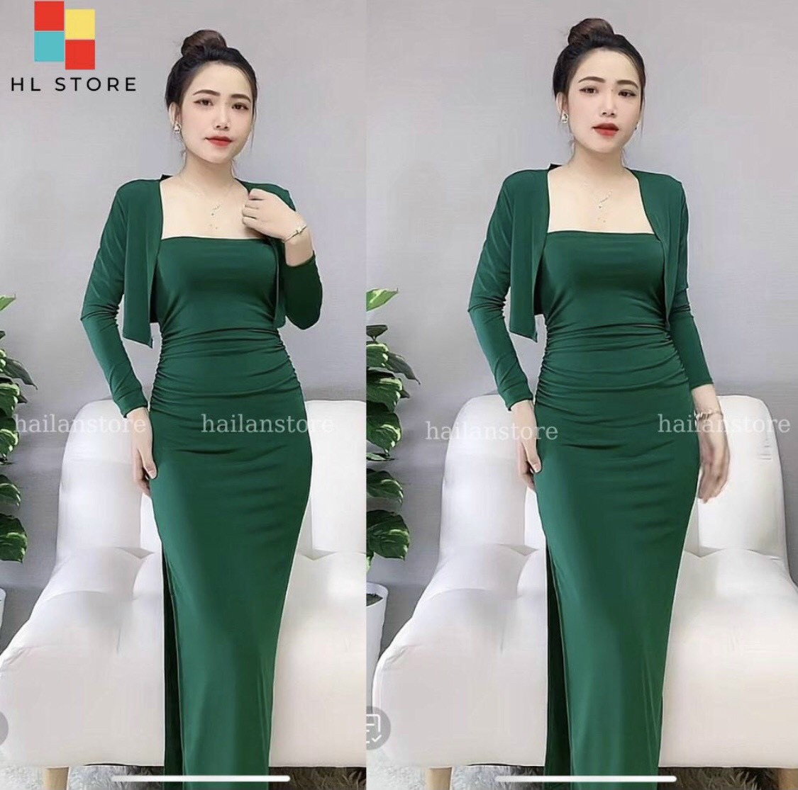 [Free Ship 2024] Đầm nữ 2 dây cup ngực ôm body sẻ tà mix áo khoác cùng màu nổi bậc màu da và tôn dáng
