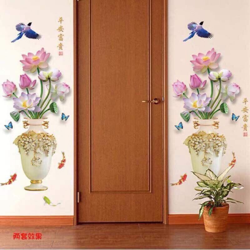 Decal dán tường bình hoa sen, trang trí phòng khách
