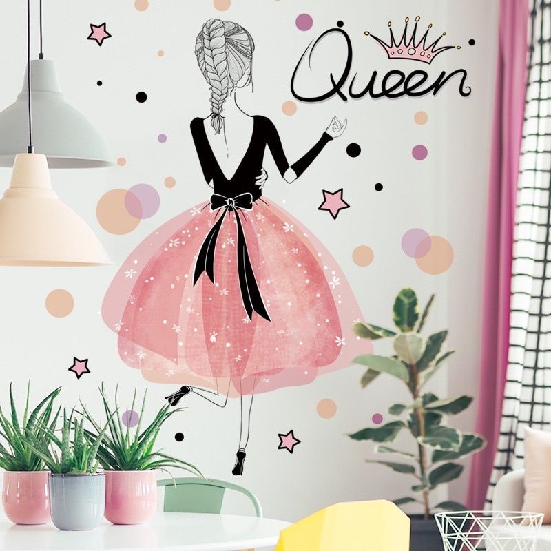 Decal dán tường cô gái váy hồng đáng yêu