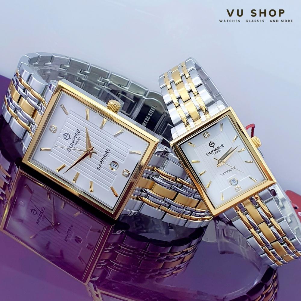 Đồng hồ đôi Sunrise 1190SA Mặt vuông Kính Sapphire Chính hãng