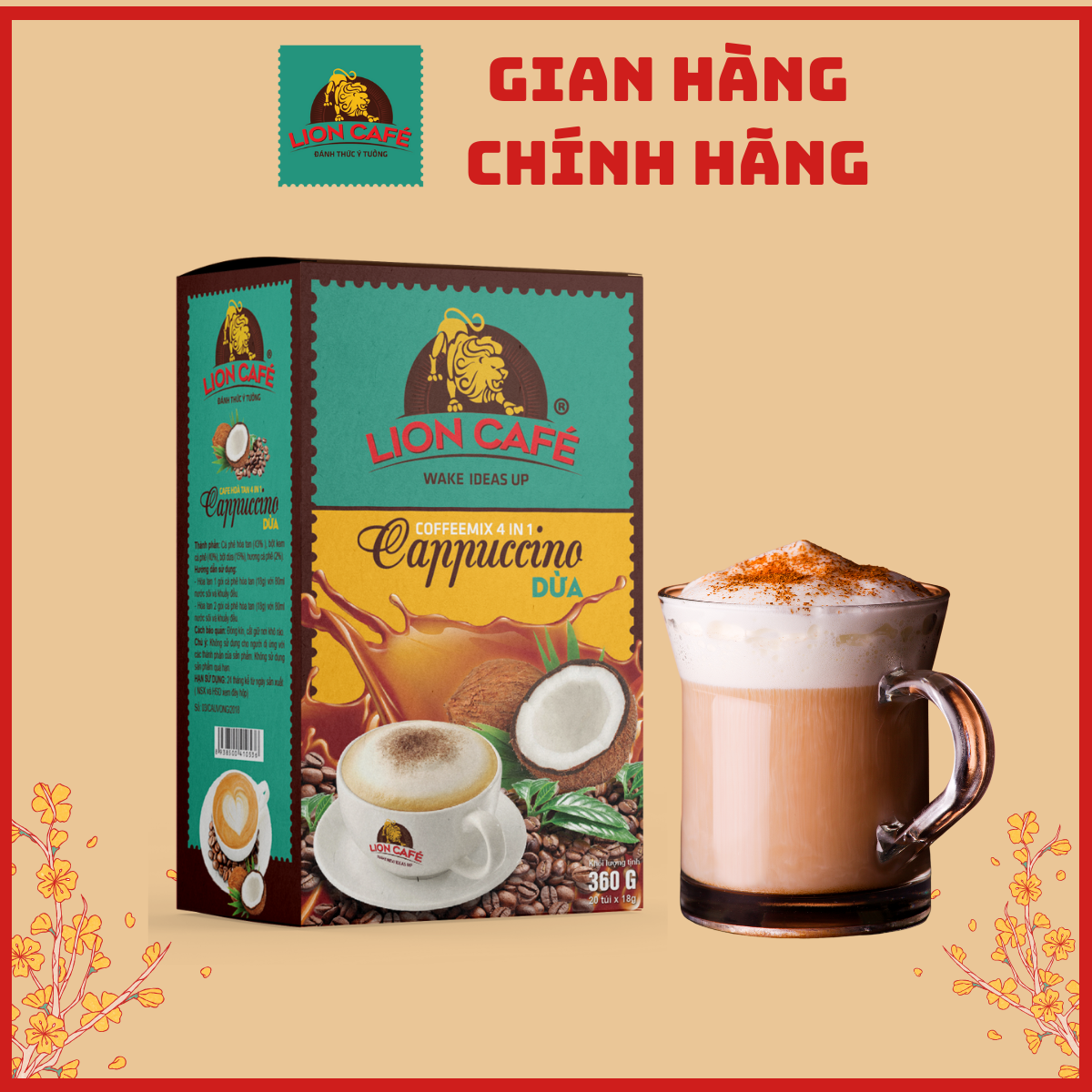 LION CAFE - Cà phê hòa tan 4in1 - Capuccino Dừa - Hộp 288g (16 gói x 18g)