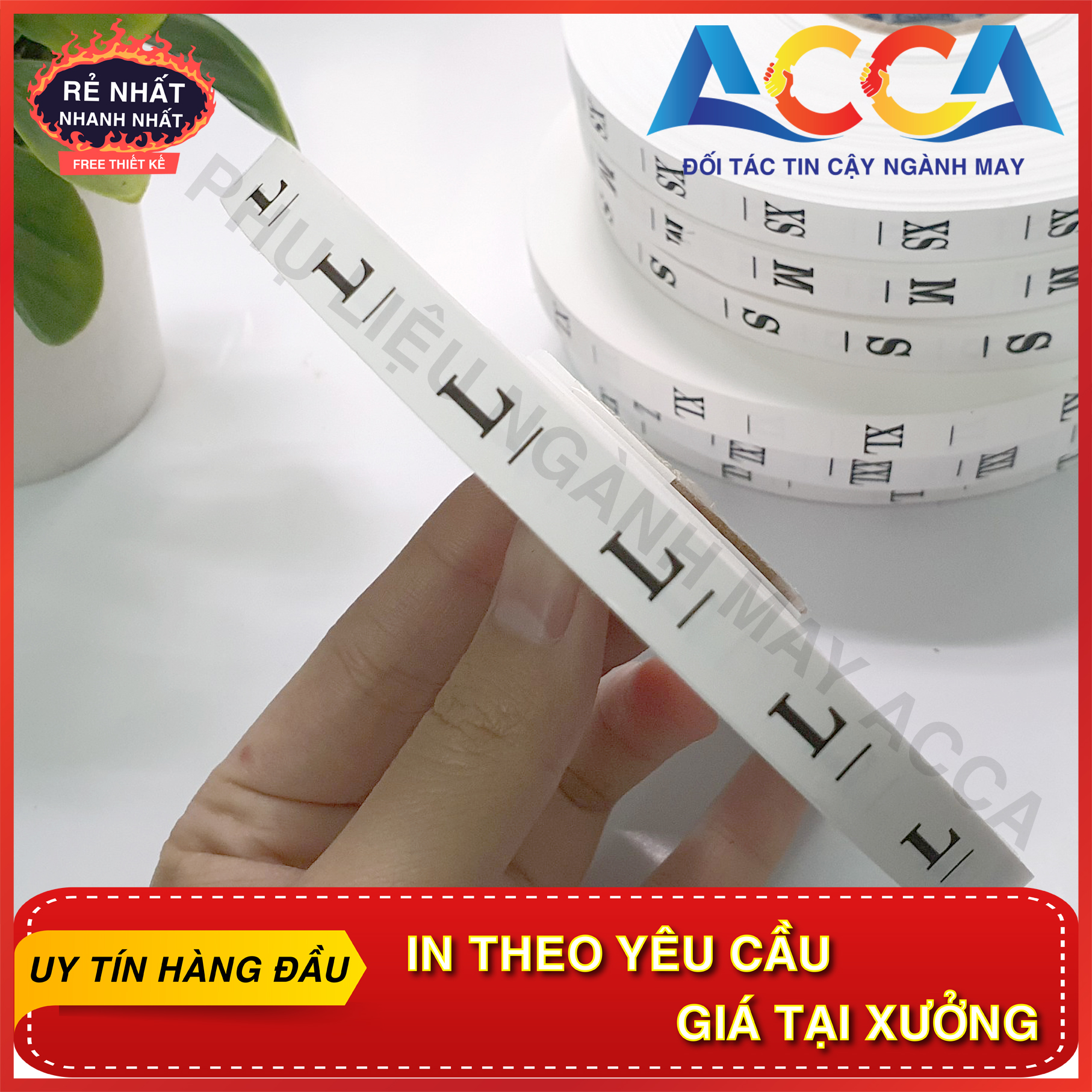 Mác vải size giấy,cuộn dài 100 m ,khổ 1cm*1,3 cm .Mác vải size gắn nhãn mác quần áo ,nhận in mác vải theo yêu cầu nhãn mác acca